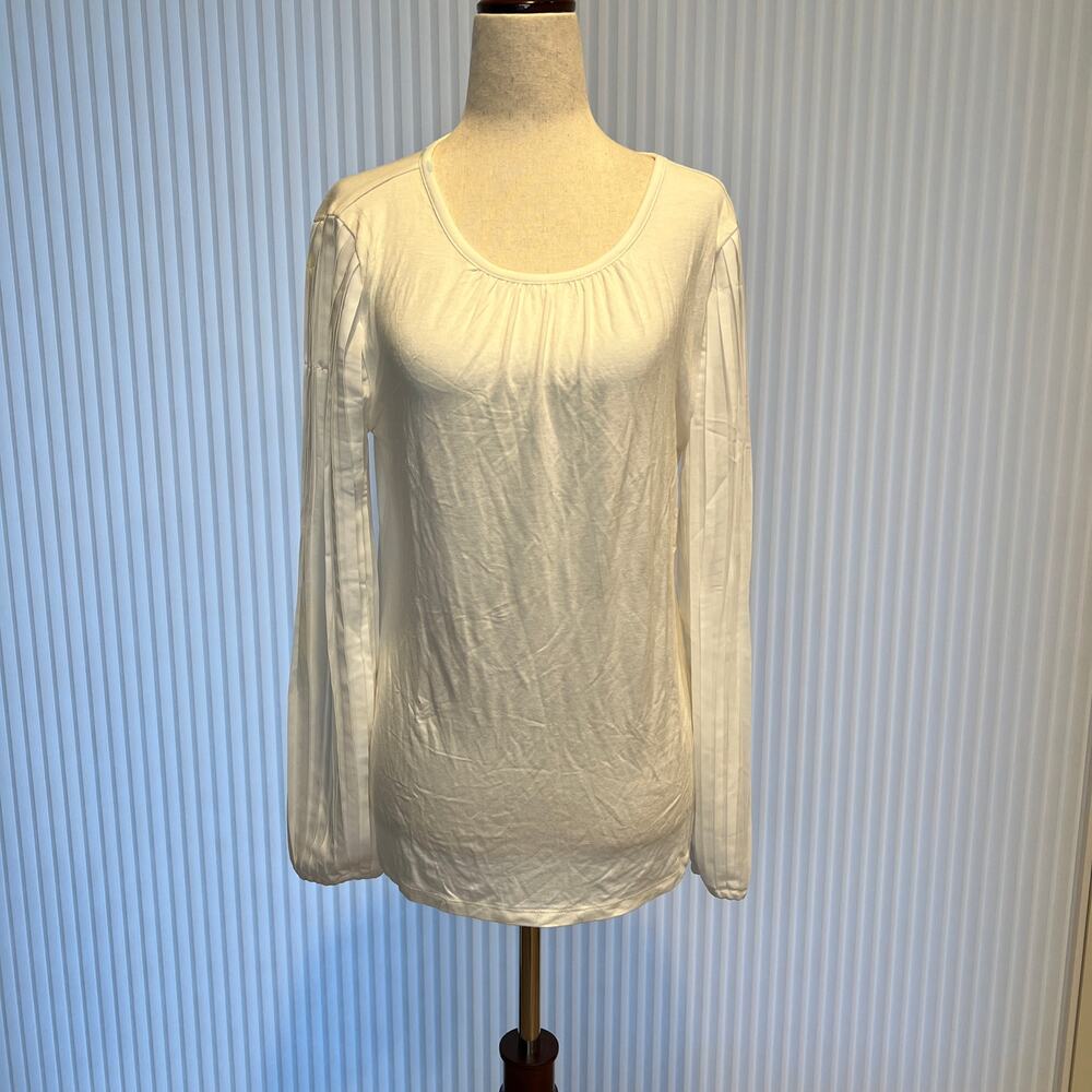 TALBOTS Women's Pleated Sleeve Crewneck Top Size S In White - Picture 3 of 13